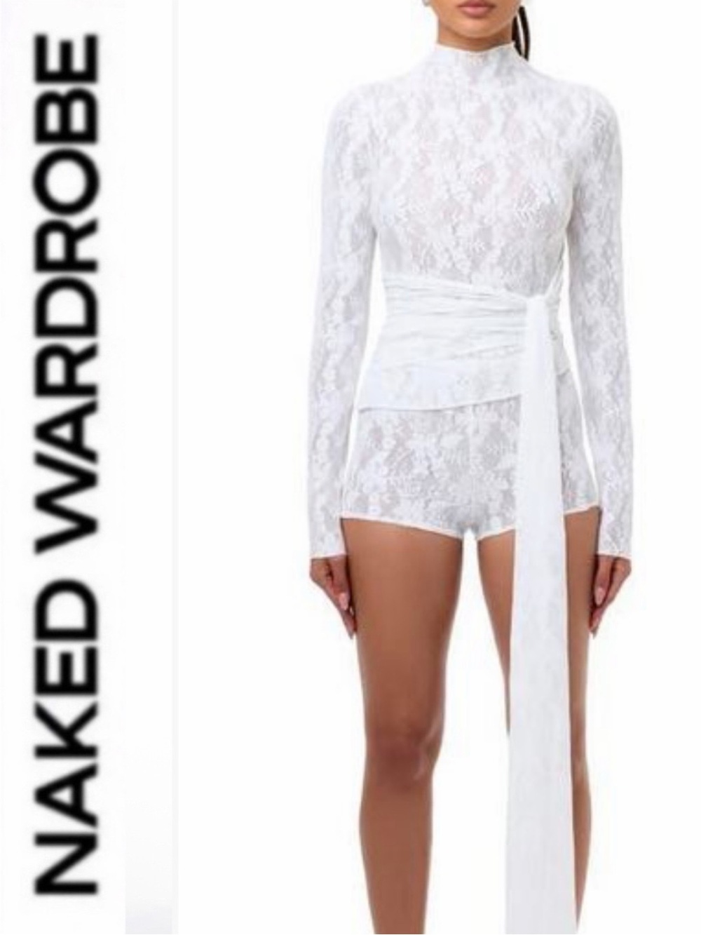 Naked wardrobe 🤍 white lace top with waist sash